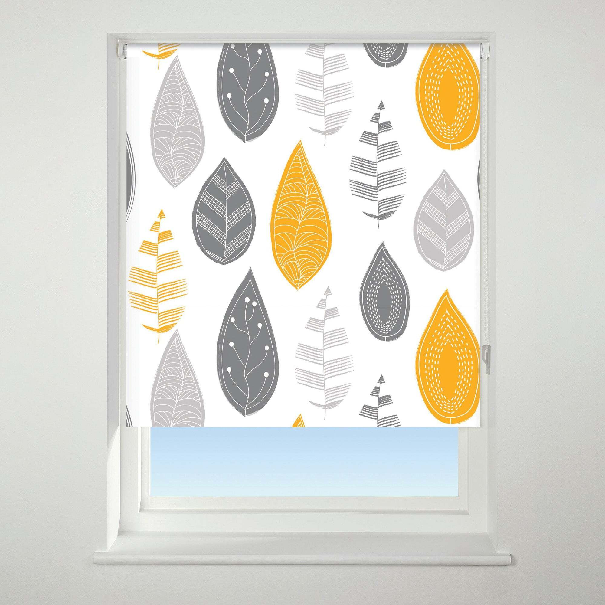 Universal Patterned Leaf Yellow Blackout Roller Blind Yellow/White/Grey