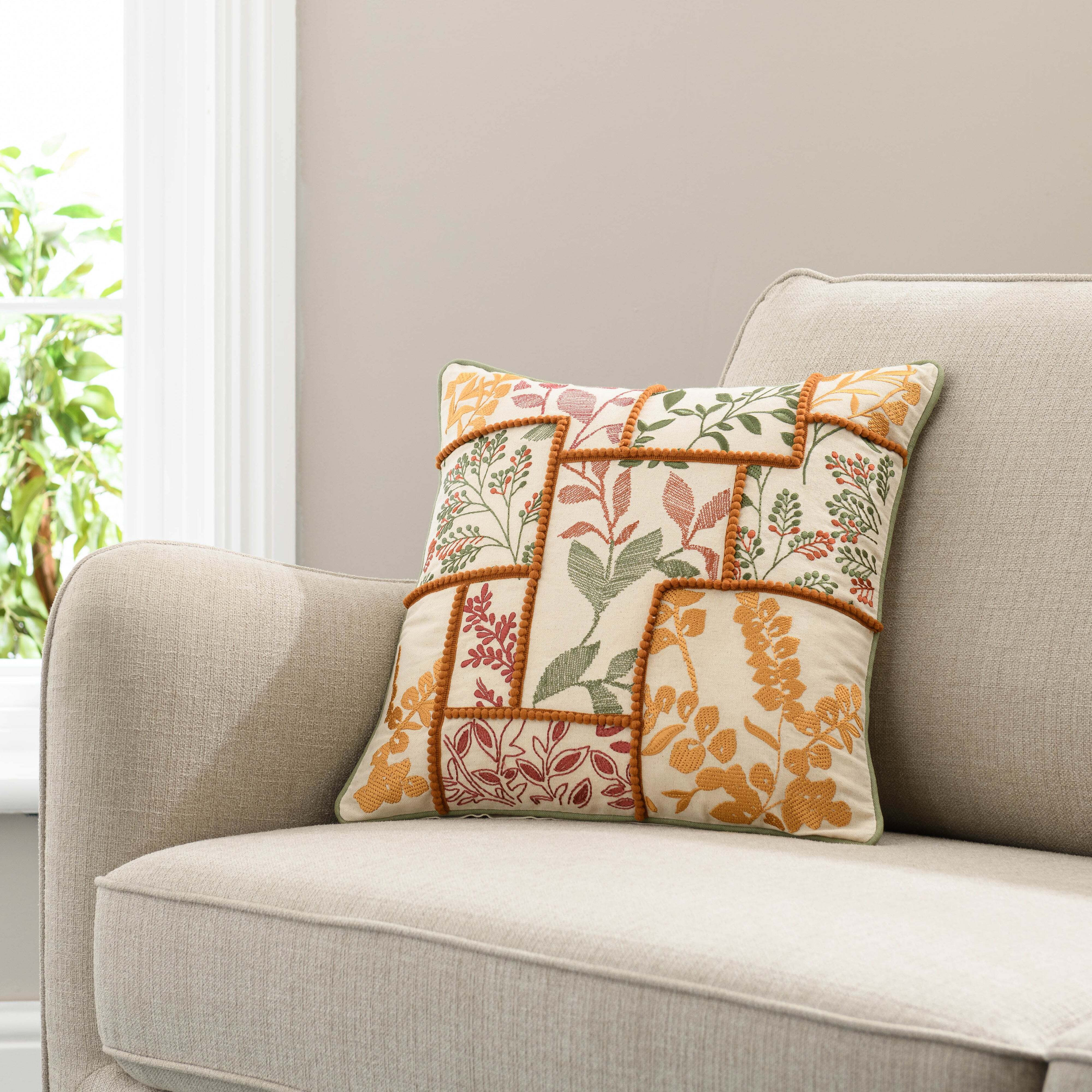 Patchwork Leaves Embroidery Cushion Terracotta