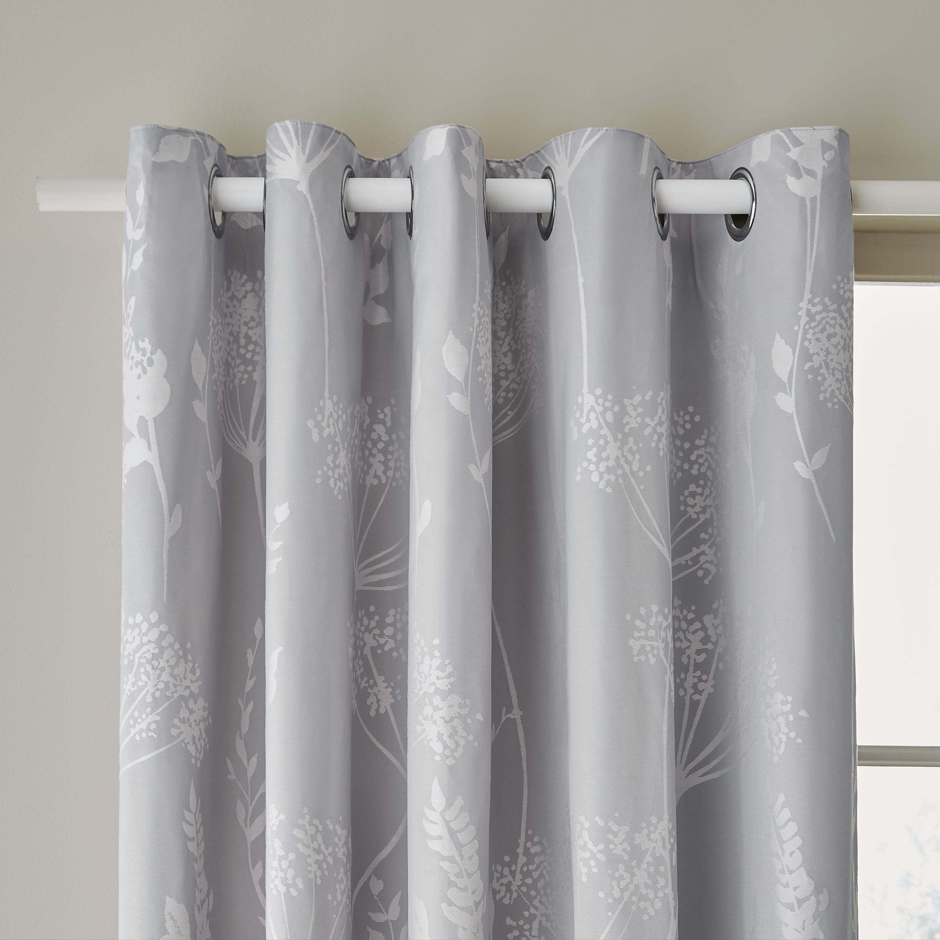 Catherine Lansfield Meadowsweet Floral Silver Eyelet Curtains Silver