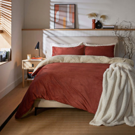 Dunelm Terracotta Orange Cosy Cord Sherpa Stripe Duvet Cover & Pillowcase Set, Size: Single Terracotta