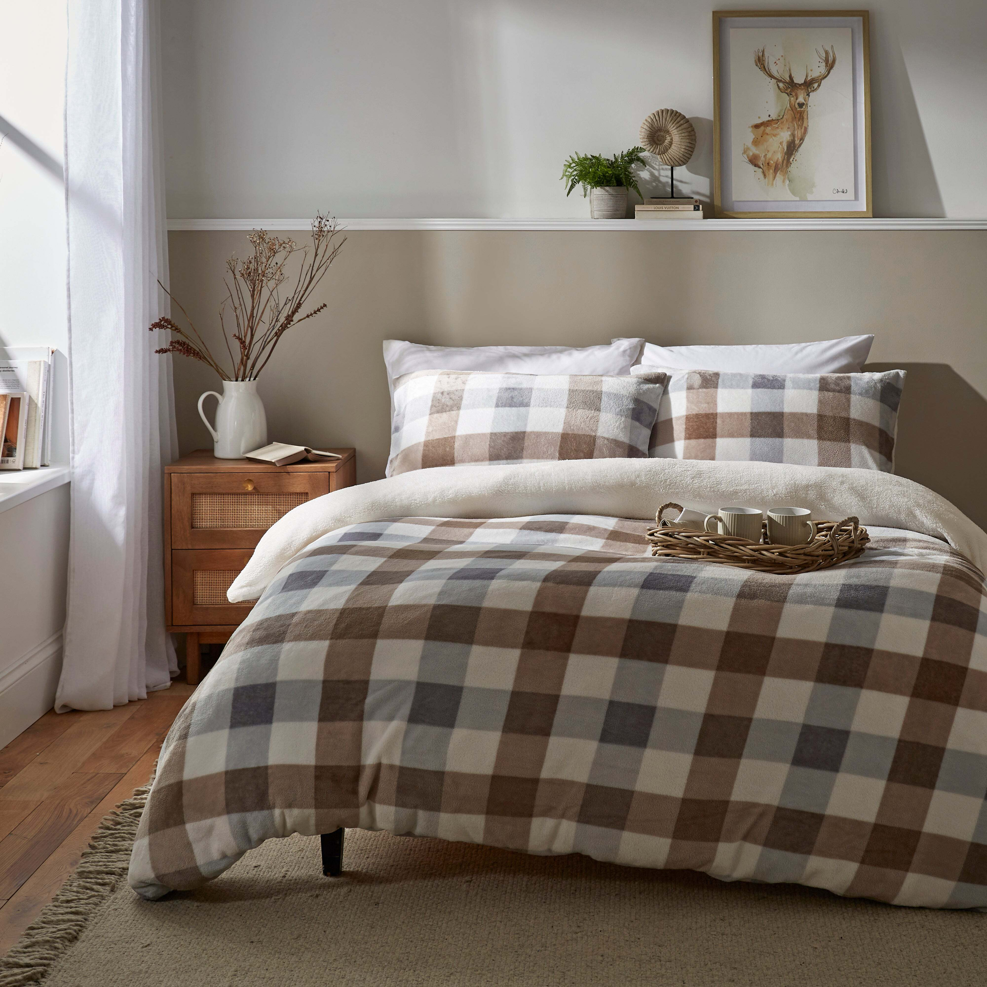 Dunelm Natural Check Printed Fleece Duvet Cover and Pillowcase Set, Size: Double Natural