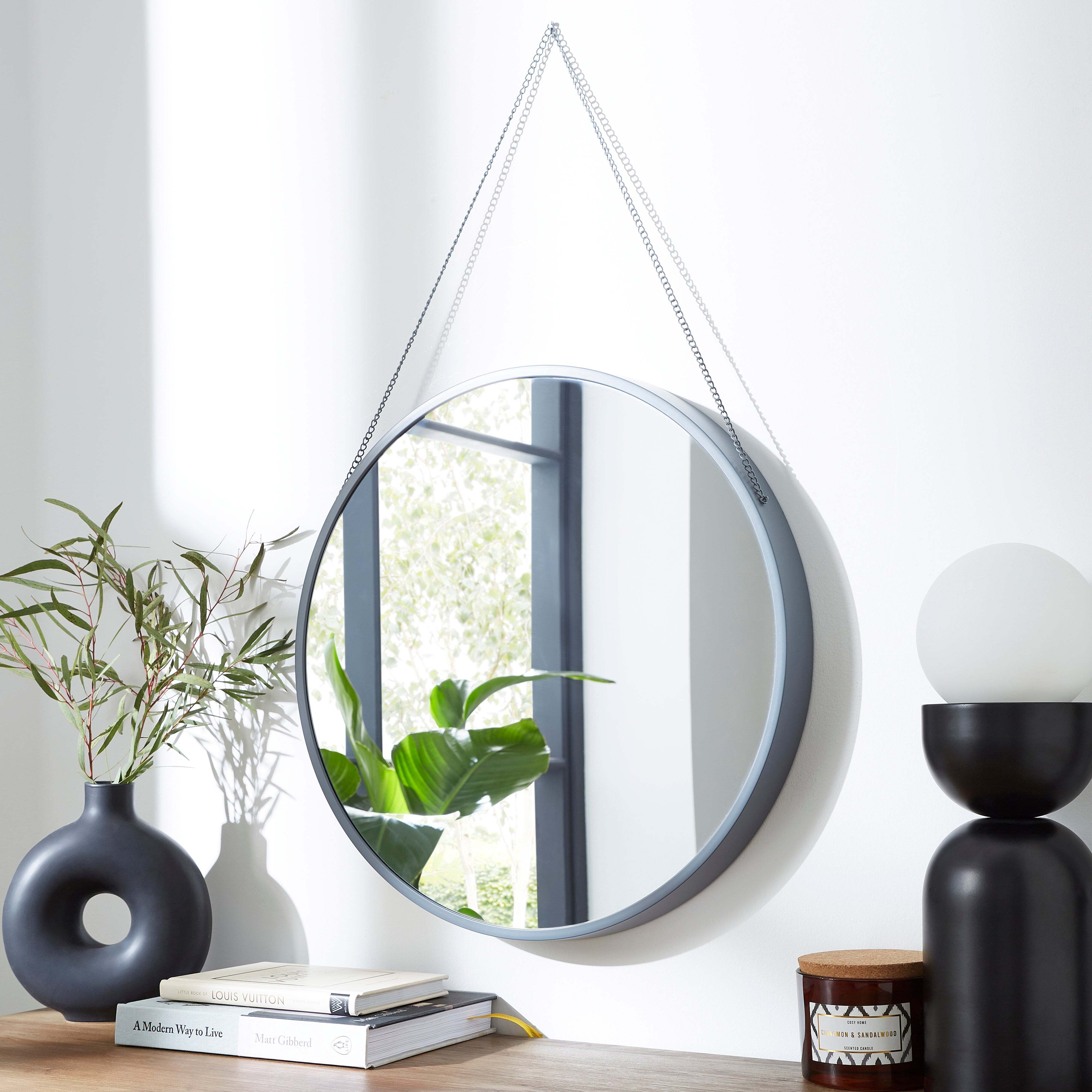 Medium Hanging Chain Round Wall Mirror Grey