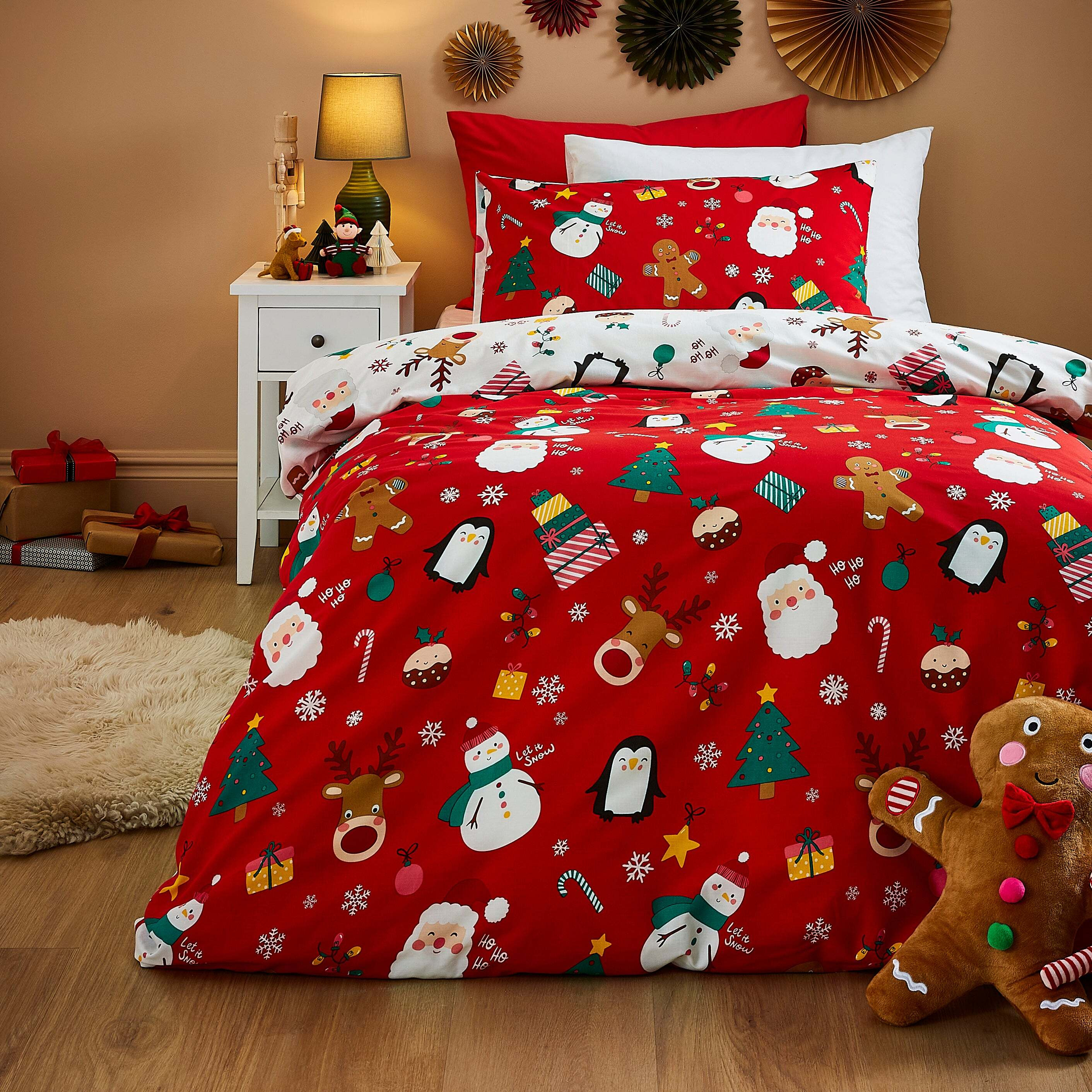 Dunelm Red Festive Santa Reindeer Duvet Cover & Pillowcase Set, Size: Single Red