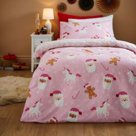 Dunelm Pink Santa Unicorn Duvet Cover Pillowcase Set, Size: Cot