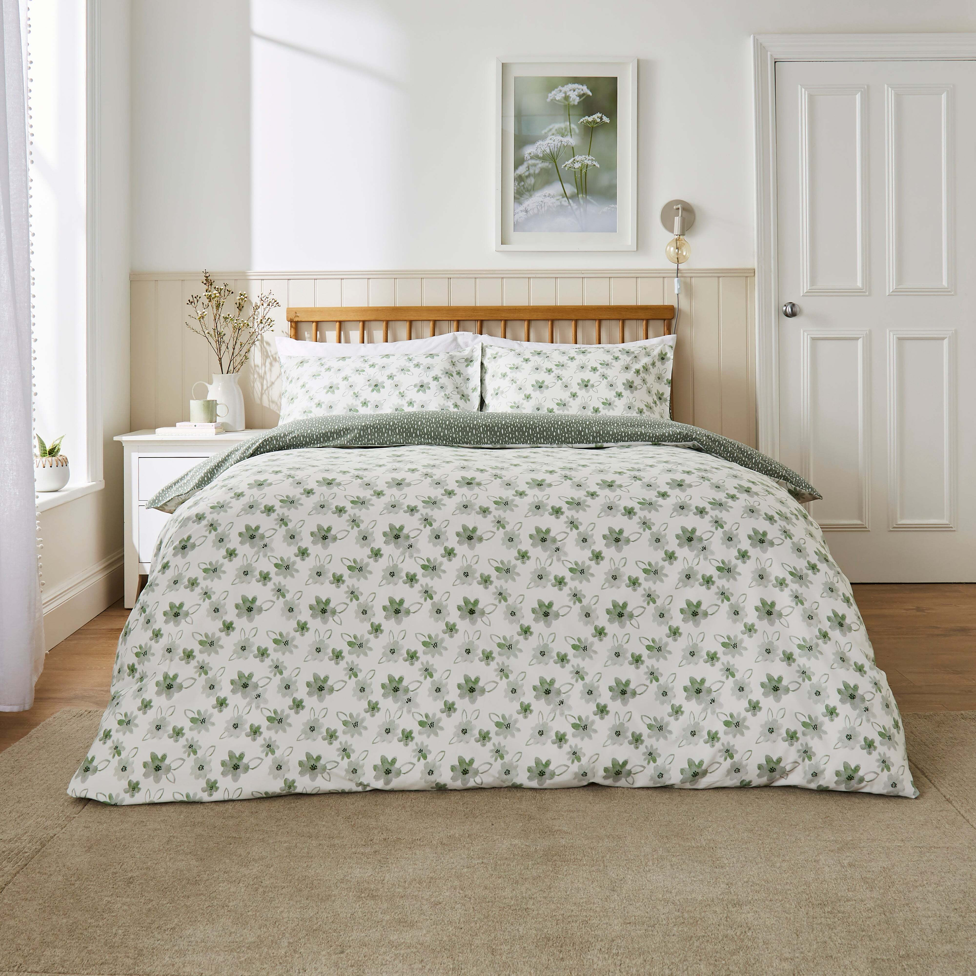 Isabella Green Floral Duvet Cover & Pillowcase Set Green by Dunelm