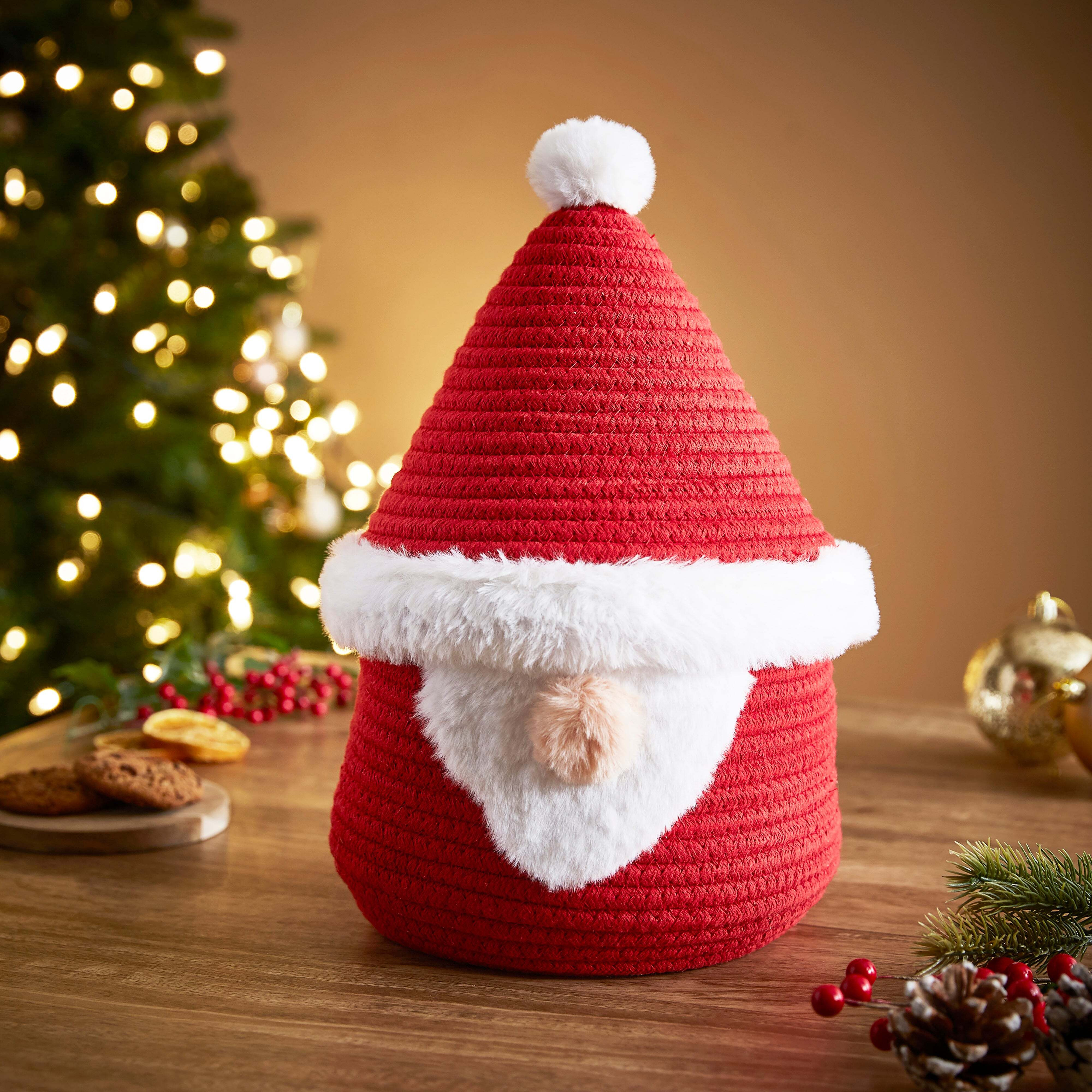 Dunelm Red Christmas Gnome Hamper Basket, With Santa Hat Lid Red