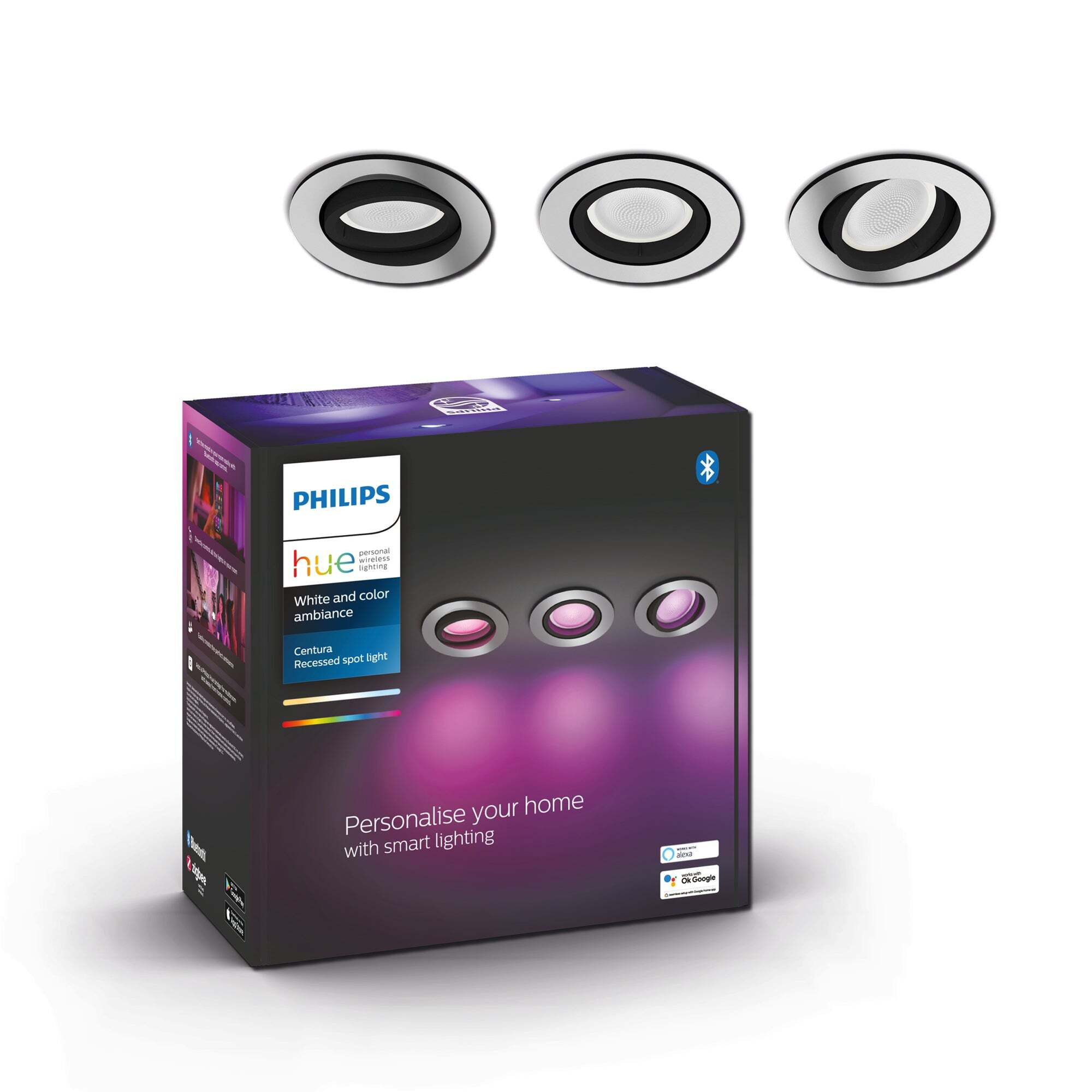 Philips HUE Set of 3 Centura Smart LED Ceiling Spotlights Silver