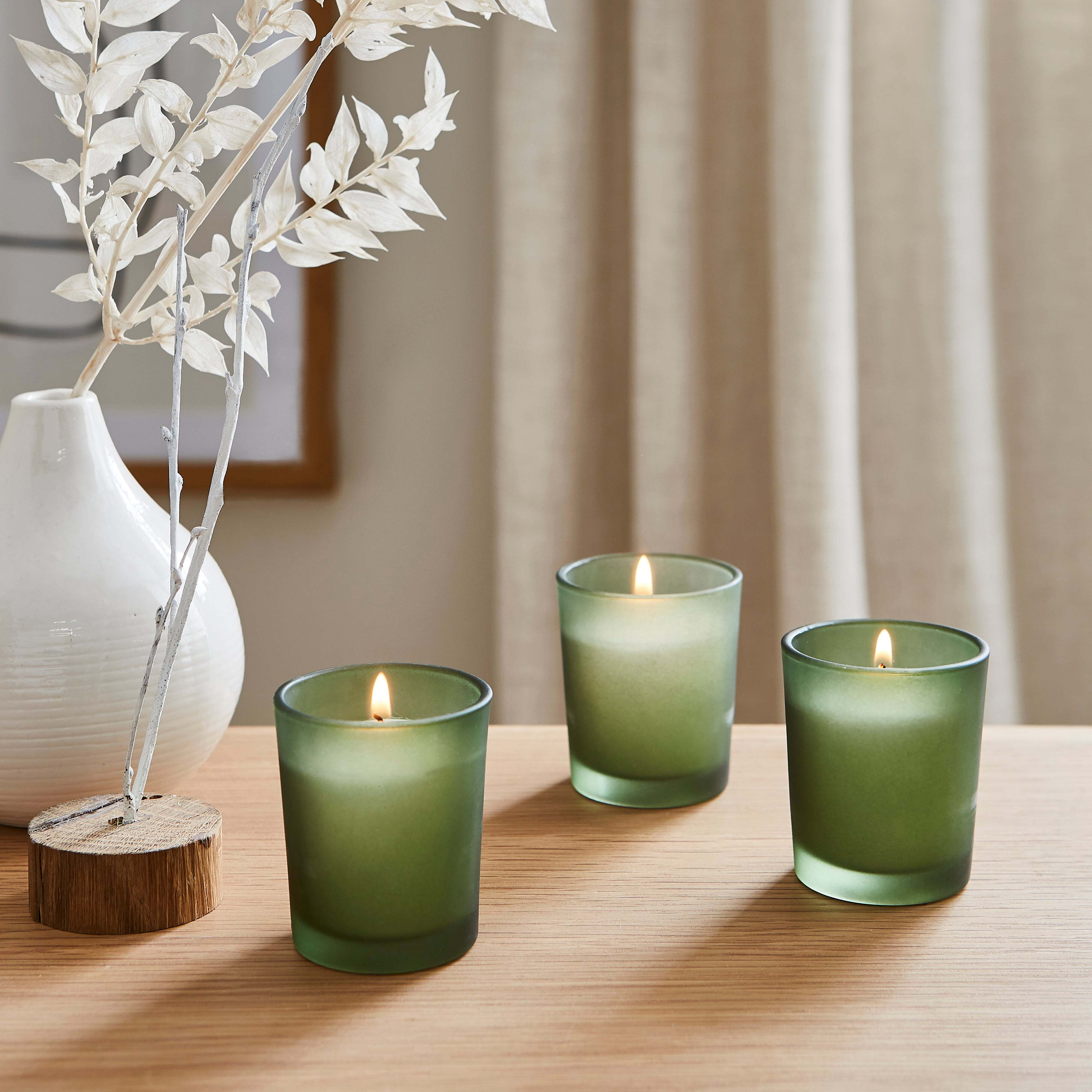 Set of 3 Mistletoe Winter Votive Candles Green