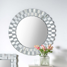 Mirrored Glass Tile Round Wall Mirror, 80cm Silver