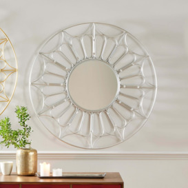 Cane Effect Round Wall Mirror, Silver 100cm Silver