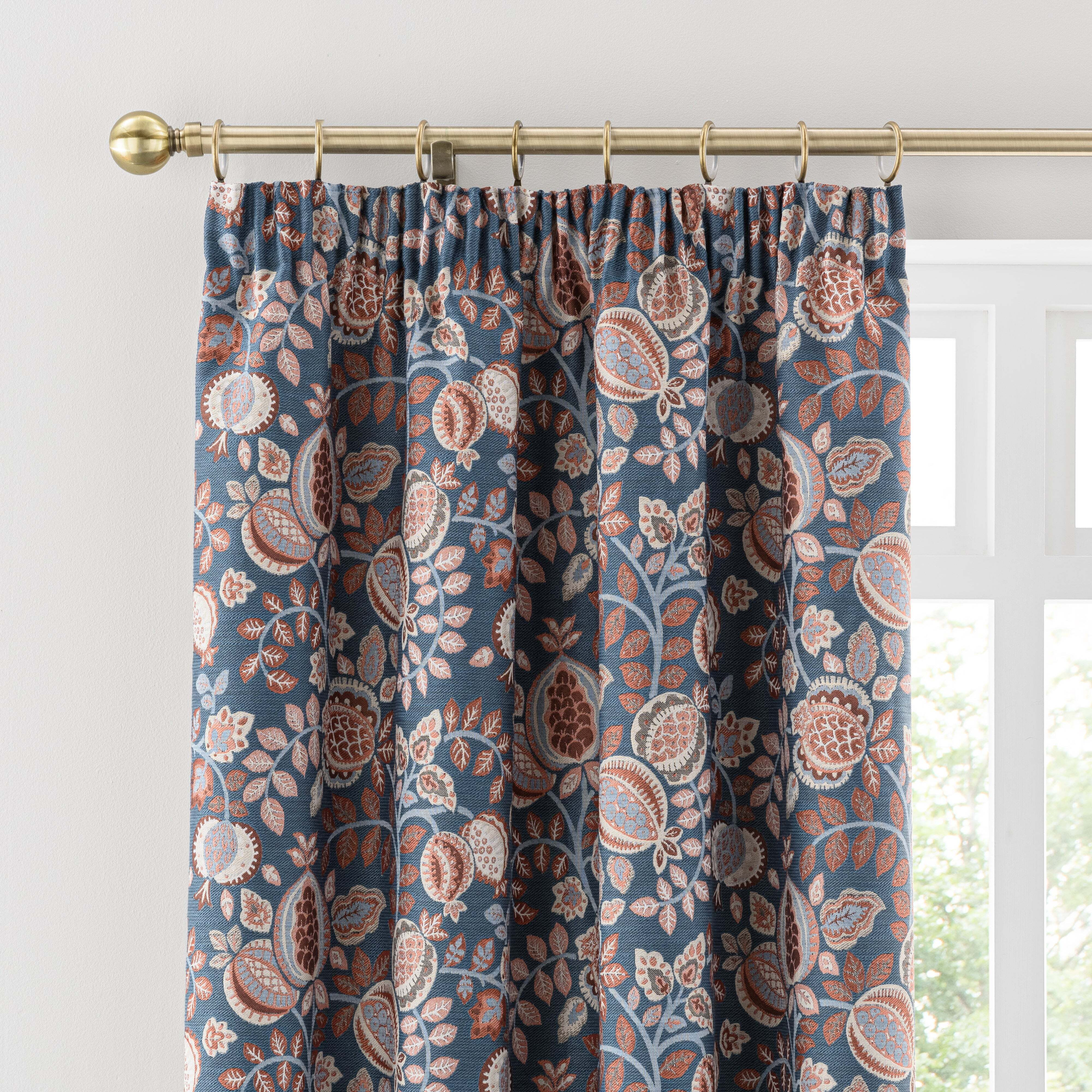 Pomegranate Floral Rust & Navy Thermal Pencil Pleat Curtain Navy (Blue)