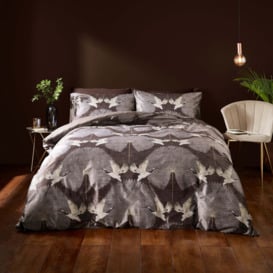 Luxe Cranes Chocolate Duvet Cover and Pillowcase Set Brown