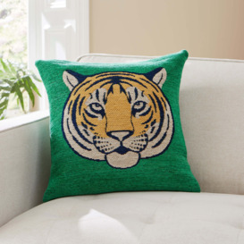 Woven Chenille Tiger Cushion Green