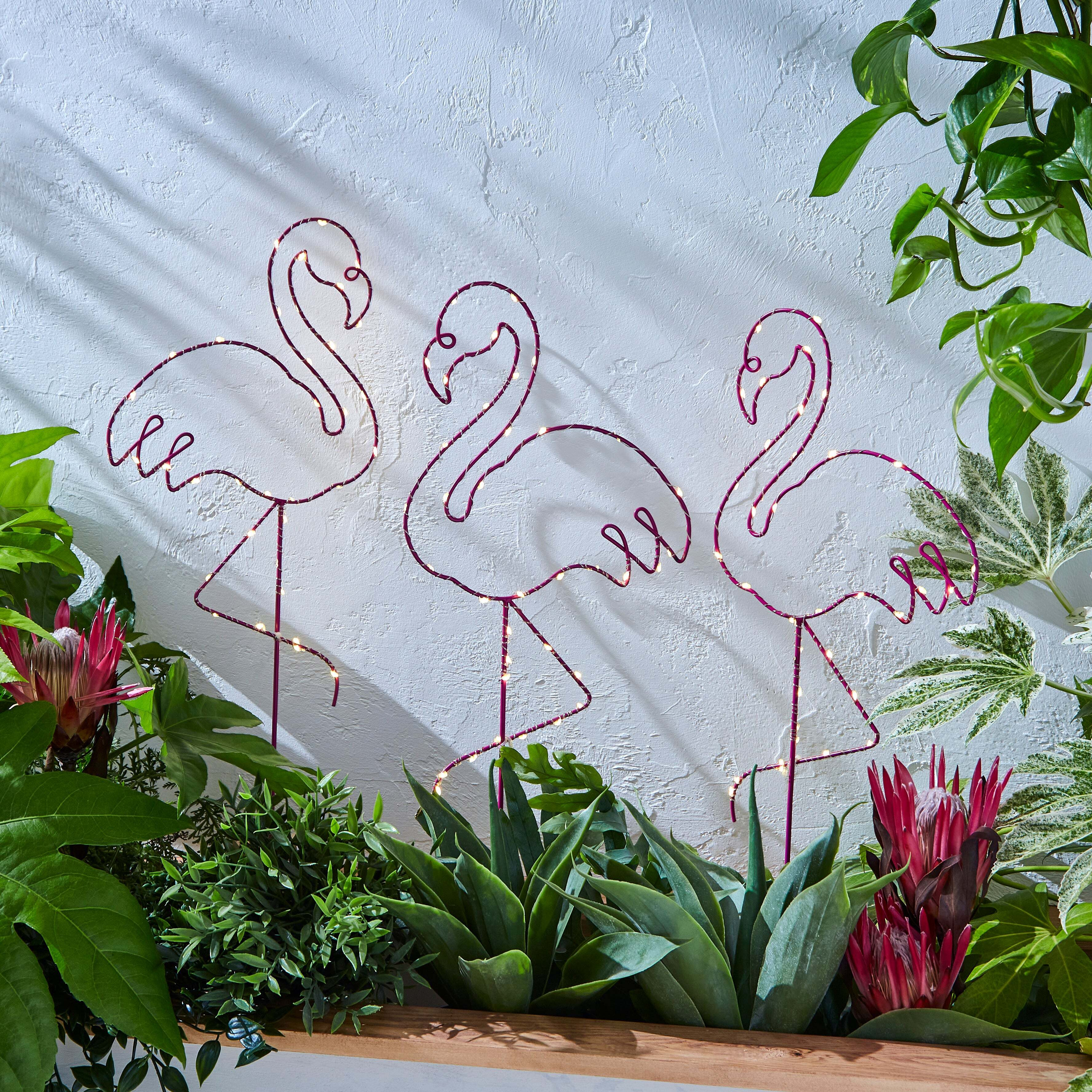 Set of 3 Flamingo LED Solar Stake Lights Pink