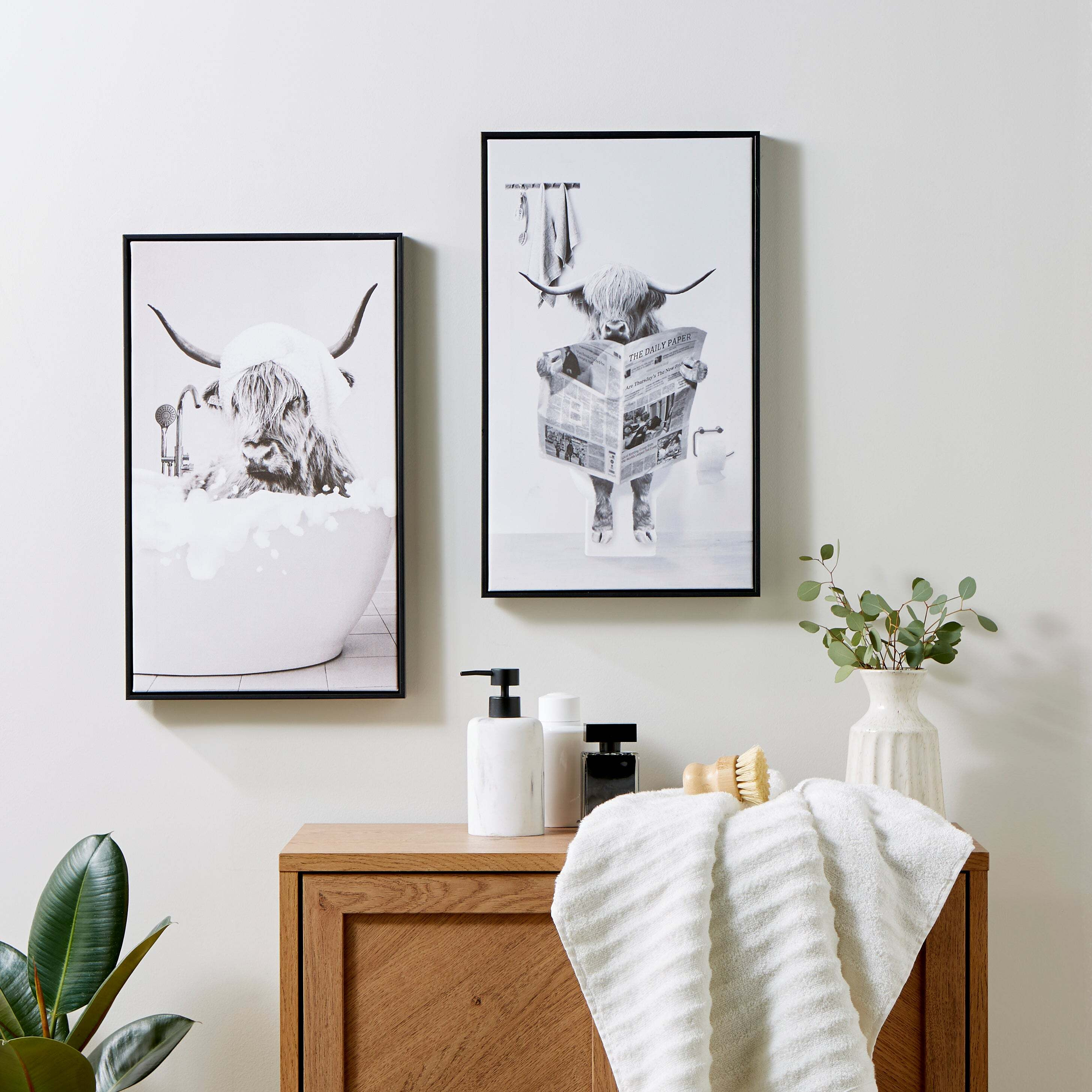 Set of 2 Highland Cow Framed Canvases Black and white