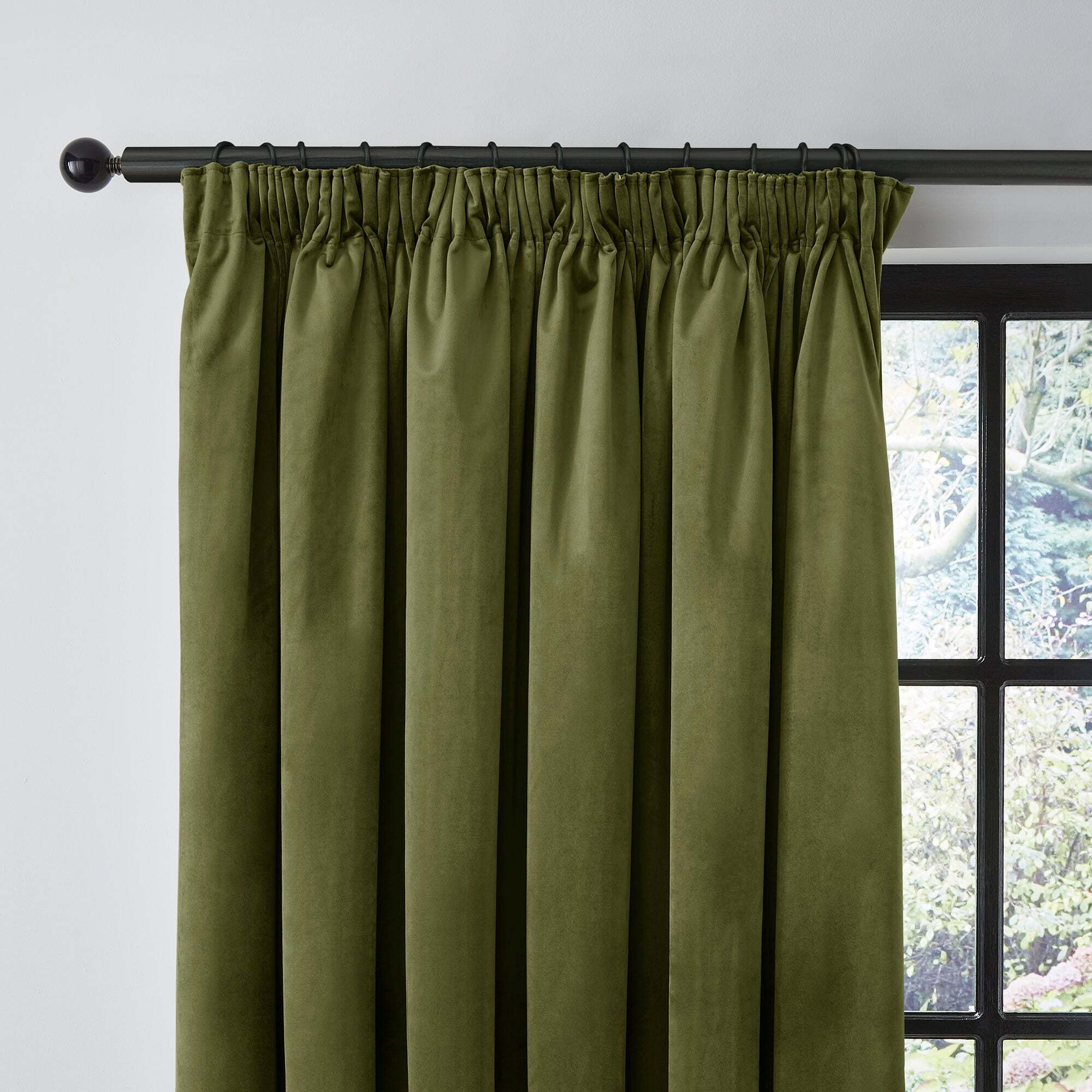 Recycled Velour Pencil Pleat Curtains Olive