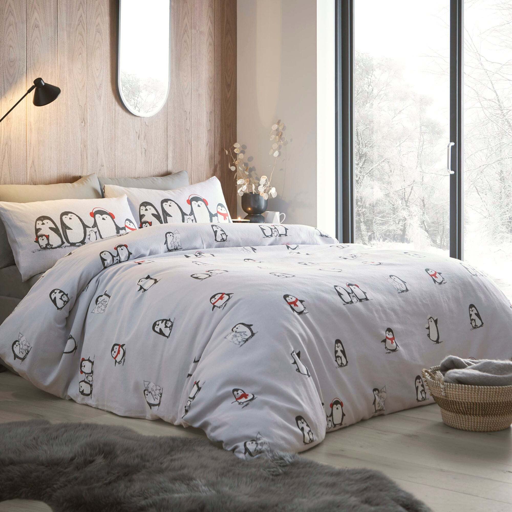 Fusion Snowy Penguin 100% Cotton Duvet Cover & Pillowcase Set Silver