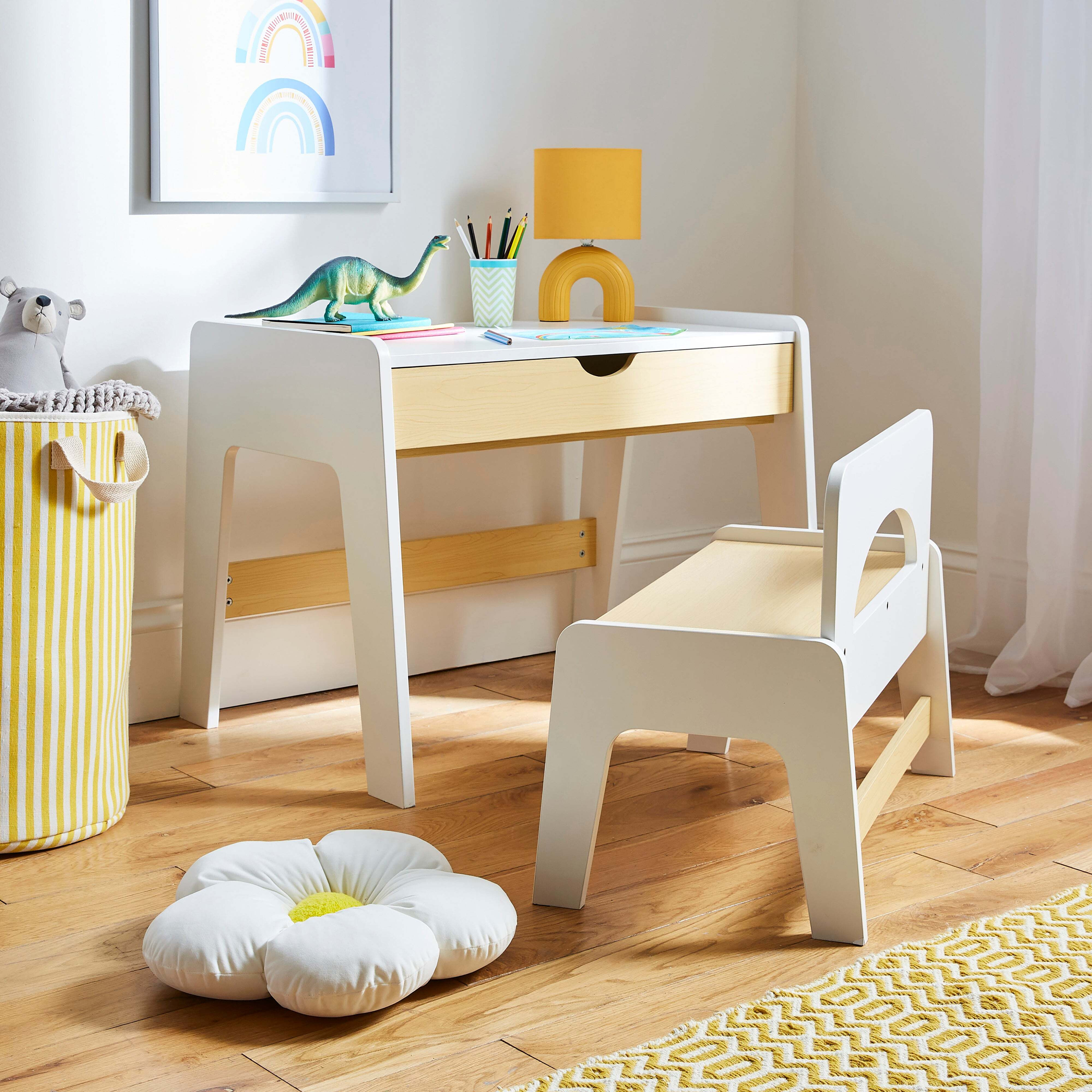 Kids Theo Desk with Bench, White Natural White
