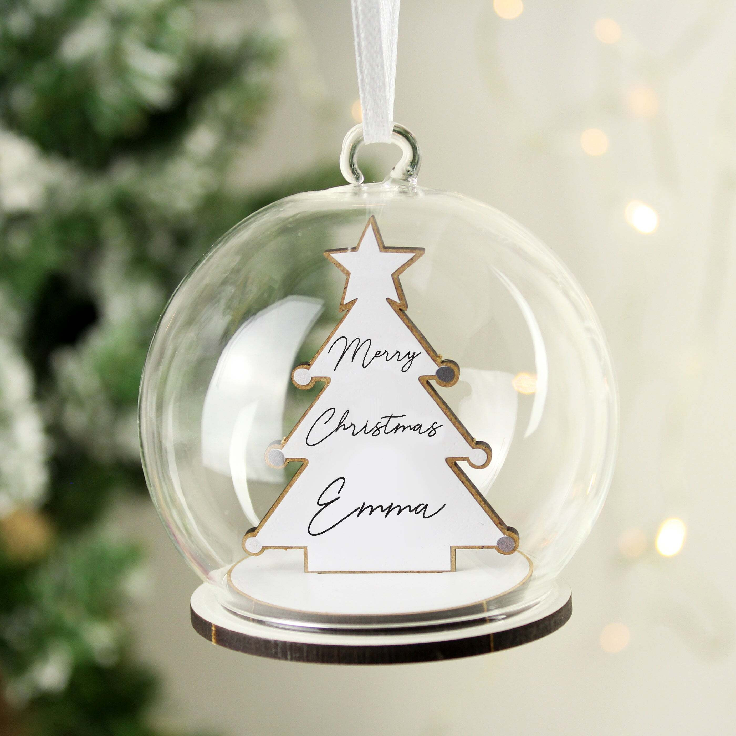 Personalised Wooden Christmas Tree Glass Bauble White