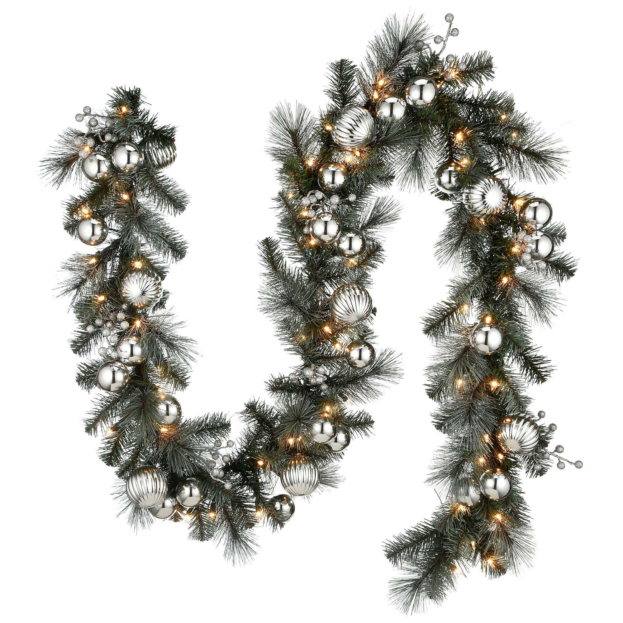 9ft x 10inch Frosted Silver Light Up Christmas Garland Green