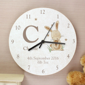 Personalised Hessian Rabbit Shabby Chic Large Wooden Wall Clock Natural