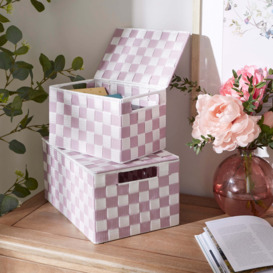 Set of 2 Checkered Boxes with Lid Purple/White