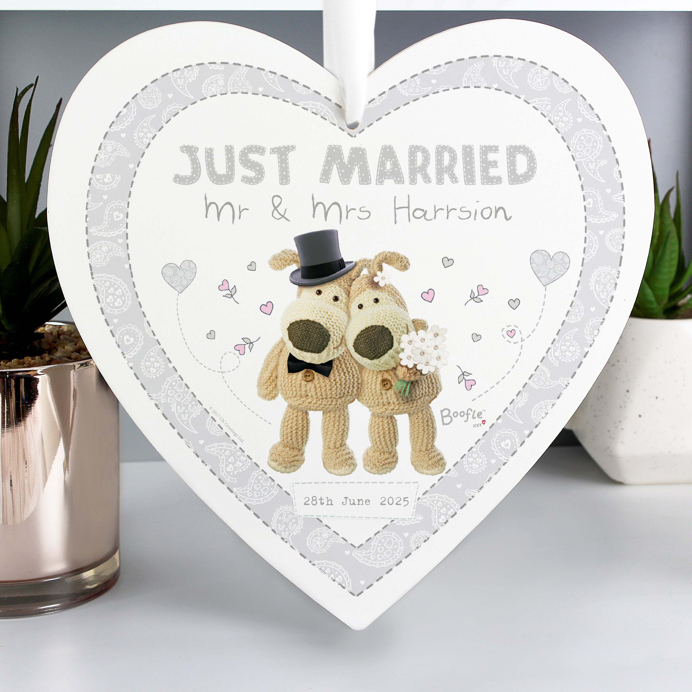 Personalised Boofle Wedding Large Wooden Heart Ornament White