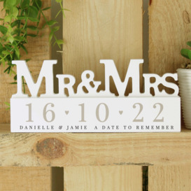 Personalised Big Date Wooden Mr and Mrs Ornament White