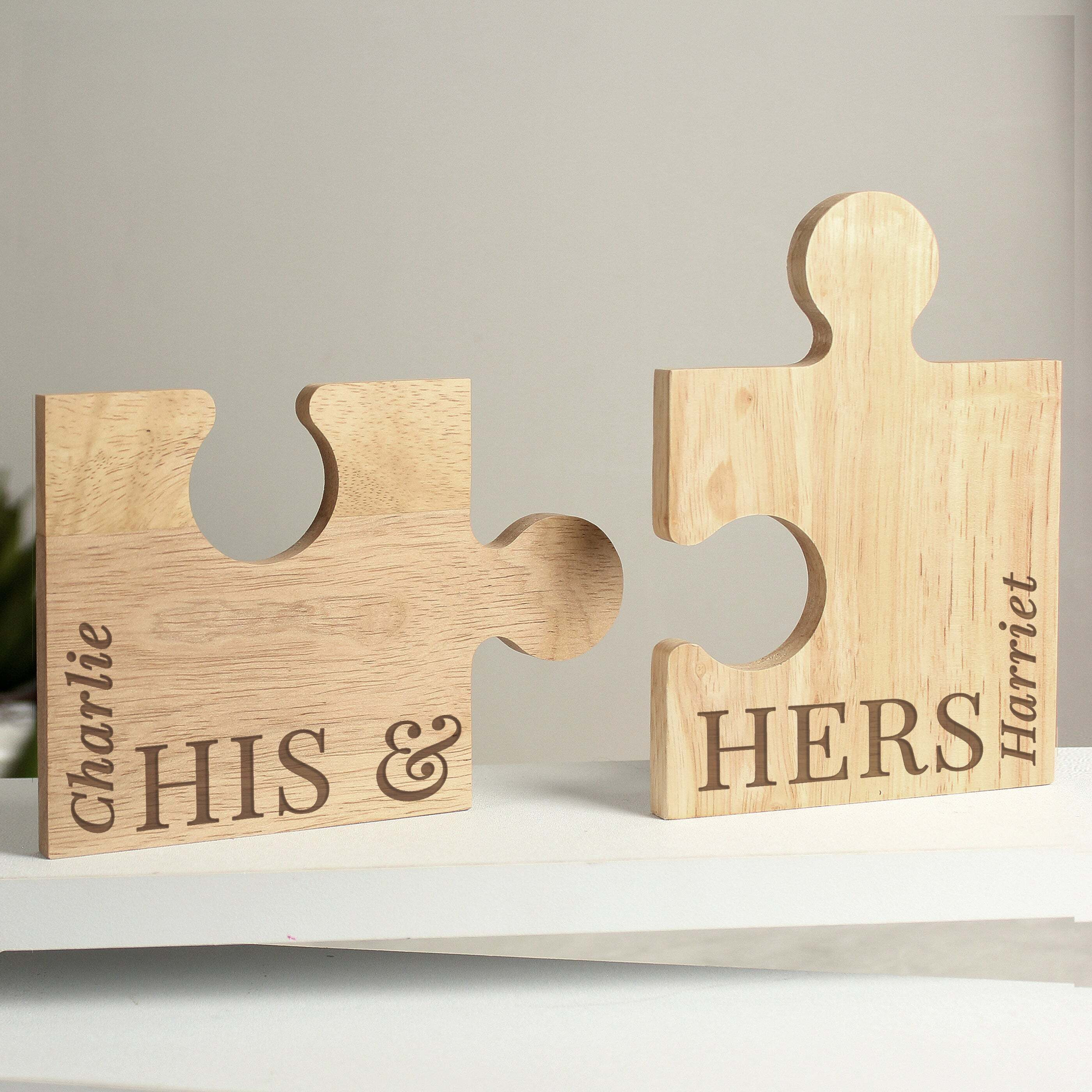 Personalised His and Hers Jigsaw Piece Ornament Set Natural