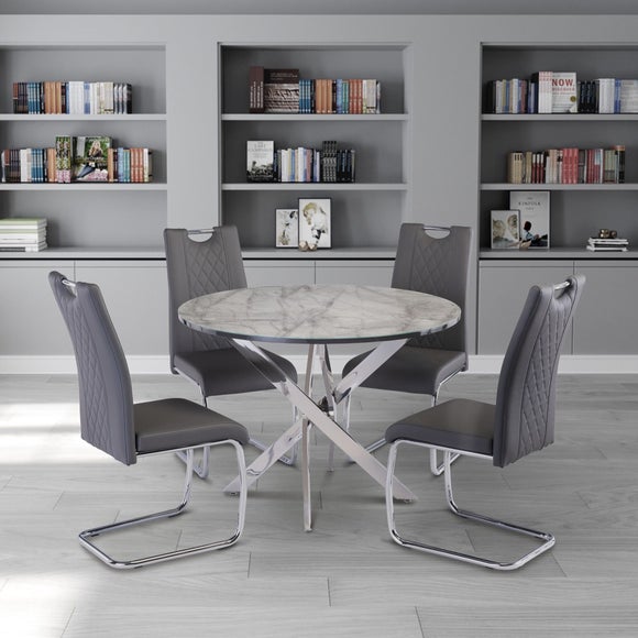 Alden 4 Seater Round Glass Top Dining Table, Marble Effect - image 1