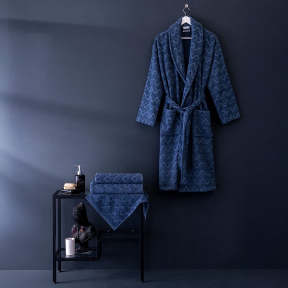 Per La Casa Set of 4 Denim Blue Levrona Jacquard Medium Bathrobe & Towels - image 1