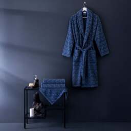 Per La Casa Set of 4 Denim Blue Levrona Jacquard Medium Bathrobe & Towels