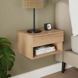 Henny 1 Drawer Floating Bedside Table, Light Oak Effect - thumbnail 1