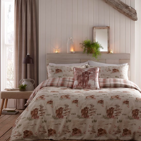 Dreams & Drapes Lodge Hanson Highland Cow Terracotta 100% Brushed Cotton Duvet Cover & Pillowcase Set - image 1