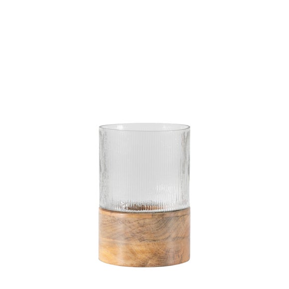 Cedar & Sage Belver Mango Wood & Fluted Glass Hurricane Candle Holder - image 1