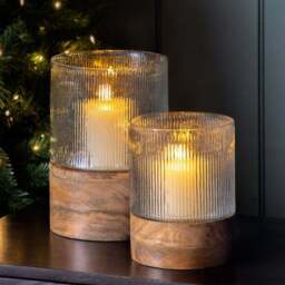 Cedar & Sage Belver Mango Wood & Fluted Glass Hurricane Candle Holder - thumbnail 2