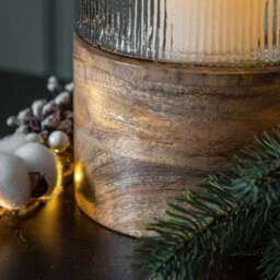 Cedar & Sage Belver Mango Wood & Fluted Glass Hurricane Candle Holder - thumbnail 3