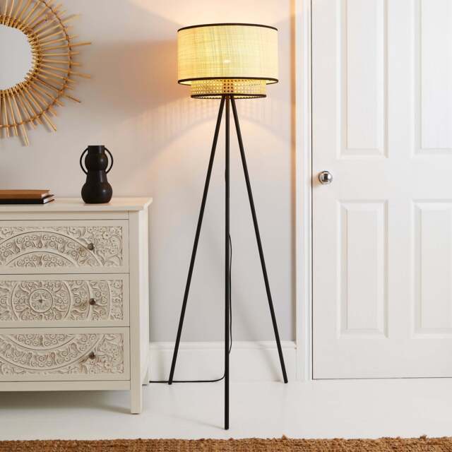 Malika Cane 2 Tier Tripod Floor Lamp Black