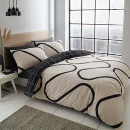 Catherine Lansfield Linear Curve Geometric Black Reversible Duvet Cover & Pillowcase Set - thumbnail 1