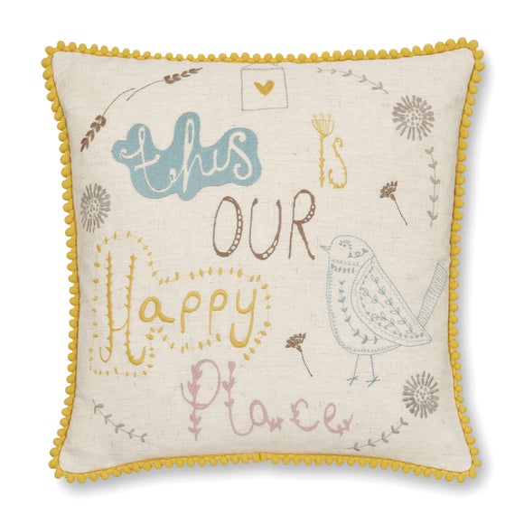 Scandi Happy Place Embroidered Ochre Cushion - image 1