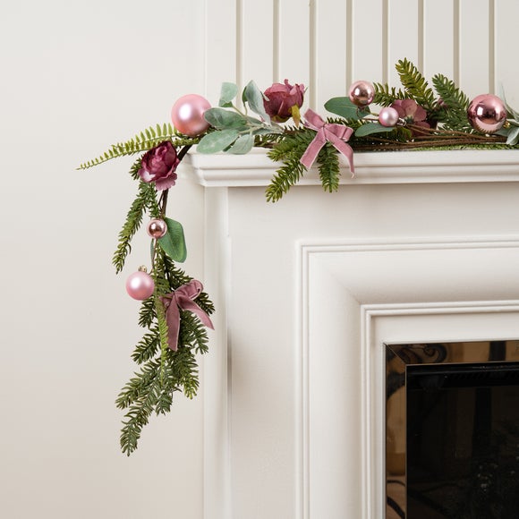 150cm Artificial Dusky Rose Garland with Pink Baubles & Velvet Bows - image 1