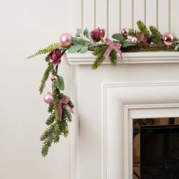 150cm Artificial Dusky Rose Garland with Pink Baubles & Velvet Bows