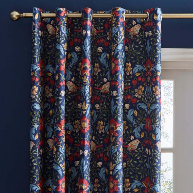 Ruskin Navy Eyelet Curtains Navy Blue/Red