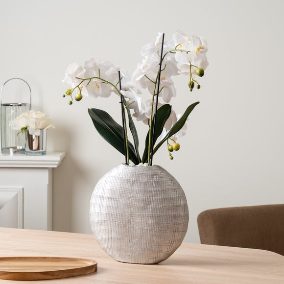 Artificial Real Touch White Orchid in Flat Silver Vase - image 1