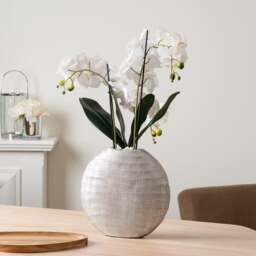 Artificial Real Touch White Orchid in Flat Silver Vase