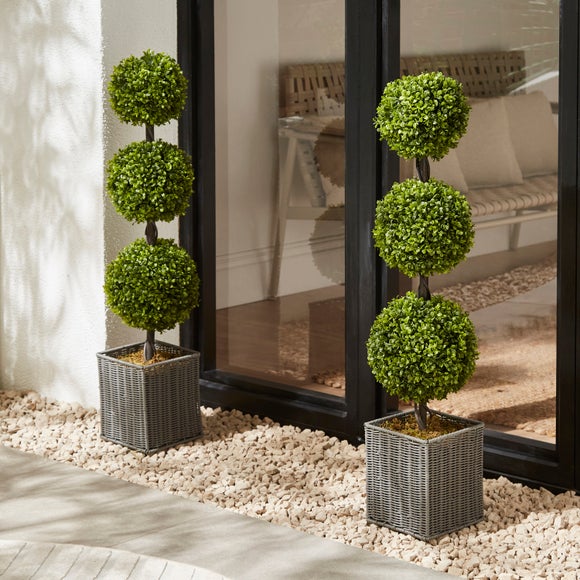 Set of 2 Artificial Boxwood Ball Trees in Woven Plant Pots - image 1