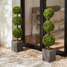 Set of 2 Artificial Boxwood Ball Trees in Woven Plant Pots - thumbnail 1