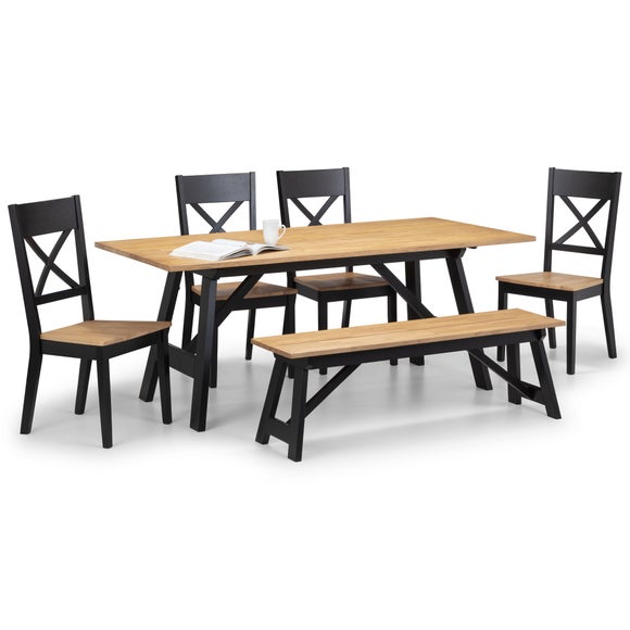 Hockley 6 Seater Rectangular Dining Table with 4 Chairs and Bench, Black - image 1