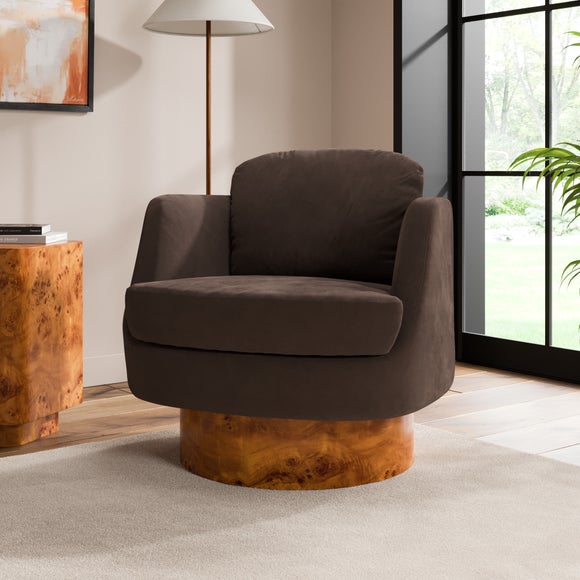 Tova Velvet Swivel Chair with Dark Burl Wood Effect Base - image 1