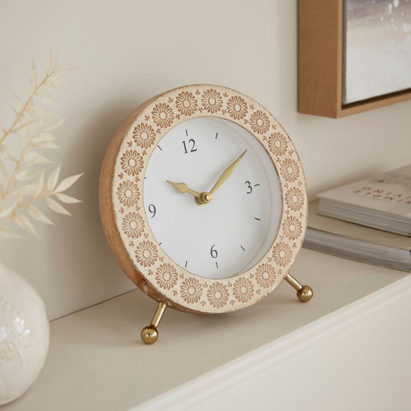 Carved Mango Wood Round Mantel Clock - image 1